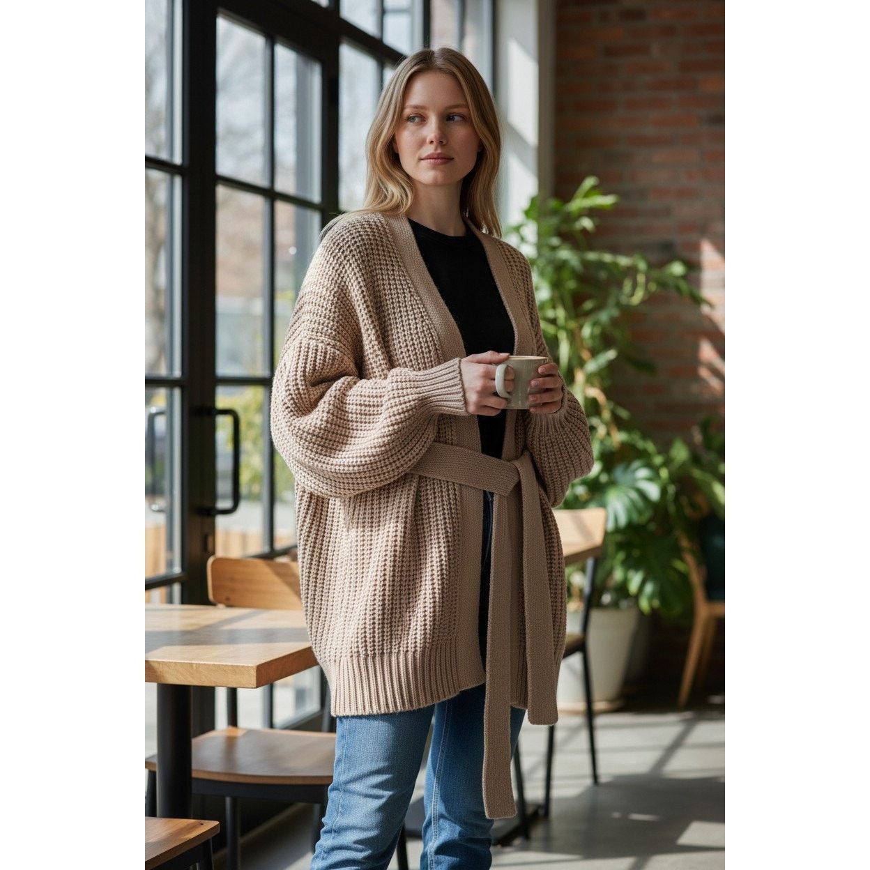 Zara Zara Cream Beige Ribbed Knit Tie Waist Oversized Sweater Size L / US 10 / IT 46 - 1 Thumbnail