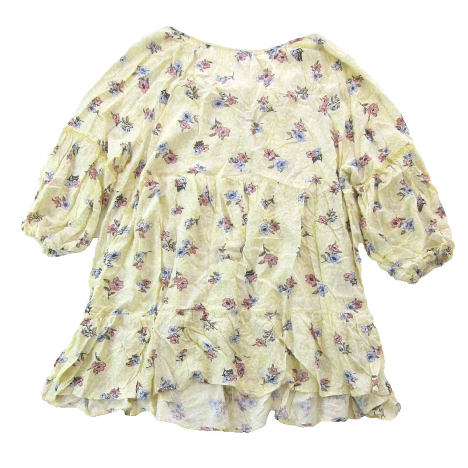 Vintage Love, Fire Dress Kaftan 3/4 Sleeve Smock Peasant Dress 3X Yellow Rayon Floral V-Neck Tie 27" pit to pit 66" waist Womens Size XXL / US 16-18 / IT 52-54 - 2 Thumbnail
