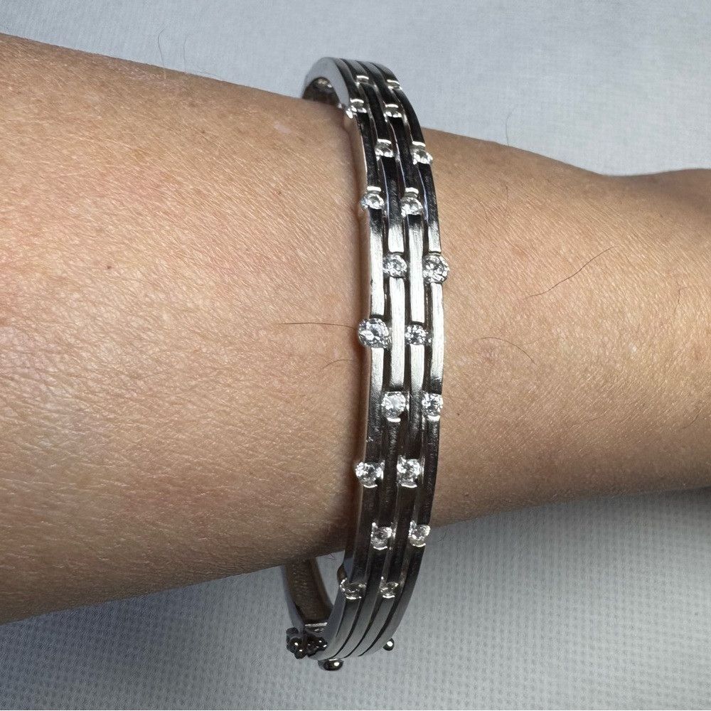 Other 925 Sterling Silver 3 Row Cubic Zirconia Bangle Bracelet Size ONE SIZE - 2 Thumbnail