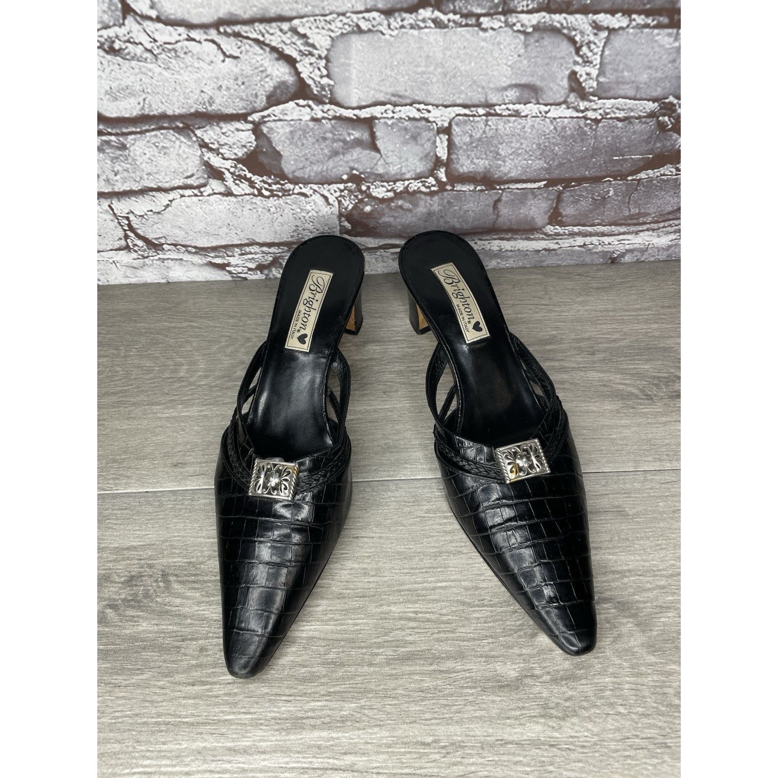 Brighton Brighton Black Leather Croc Embossed Mules Slides Sandals Wo Size US 9.5 / IT 39.5 - 2 Thumbnail