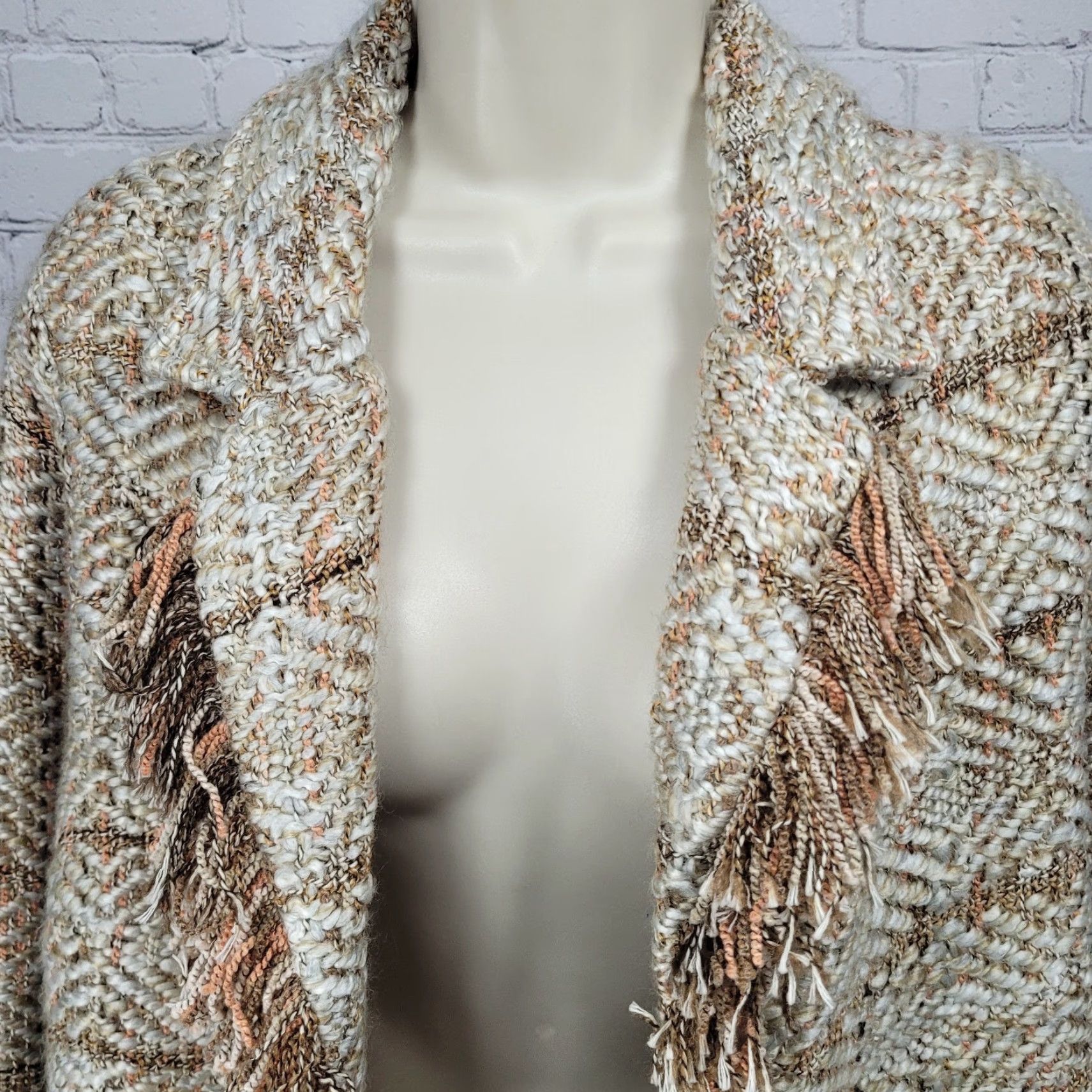 Vintage Chico's Jacket Women Short Open Collared Fringe Bohemian Unlined Beige Brown Wool Alpaca Blend 1 US 8 Regular Size Size XS / US 0-2 / IT 36-38 - 3 Thumbnail