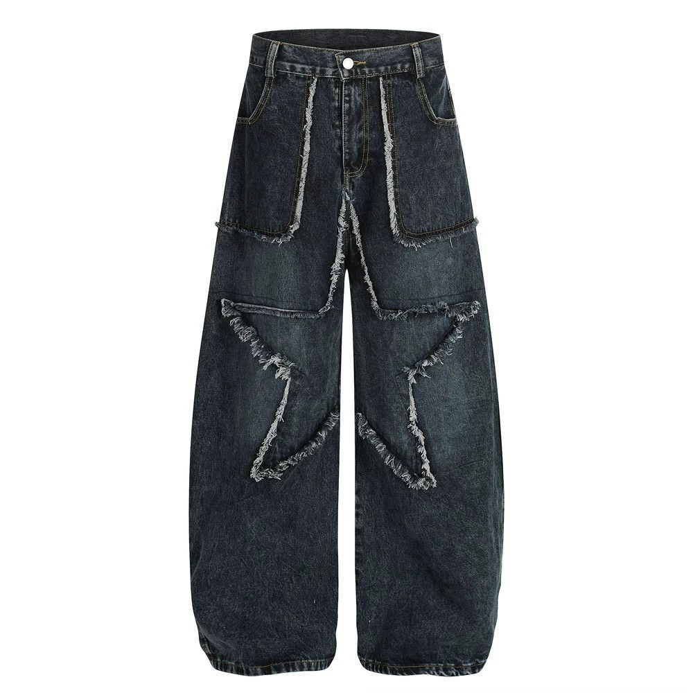 Jean Men's loose washed star patch stitching scimitar jeans Size US 32 / EU 48 - 1 Thumbnail