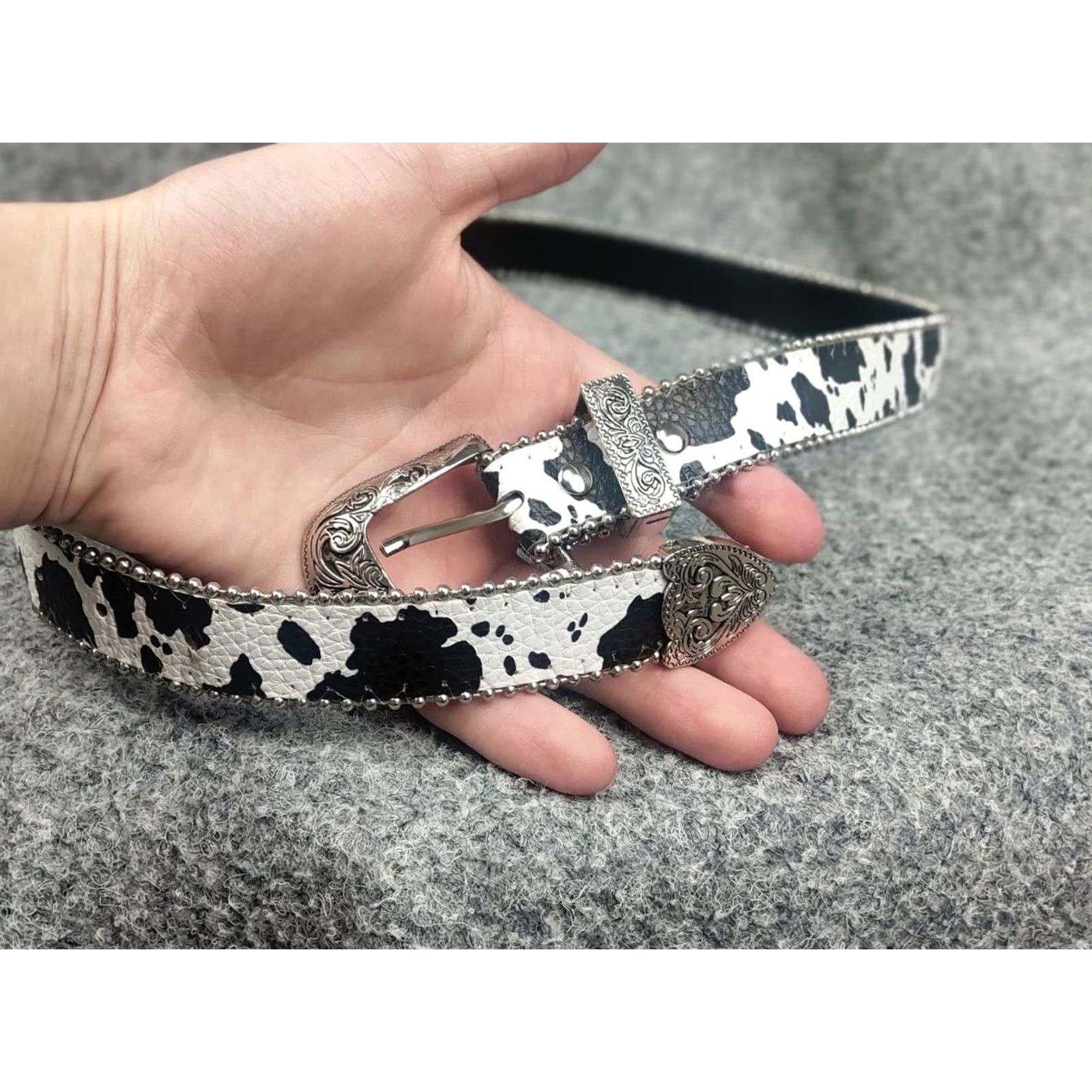 Logo 7 VINTAGE Hysteric Japan style Y2K Metal Logo Black Cow Print Leather Belt Women One Size Adjustable Studded Pattern Animal Print 90s Logo Vintage Belt Size ONE SIZE - 3 Thumbnail