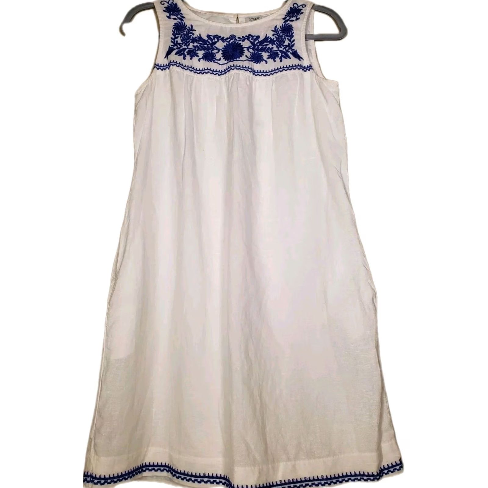 J.Crew J. Crew Shift Dress Womens XS White Blue Floral Embroidered Linen Cotton Vacation Size XS / US 0-2 / IT 36-38 - 3 Thumbnail