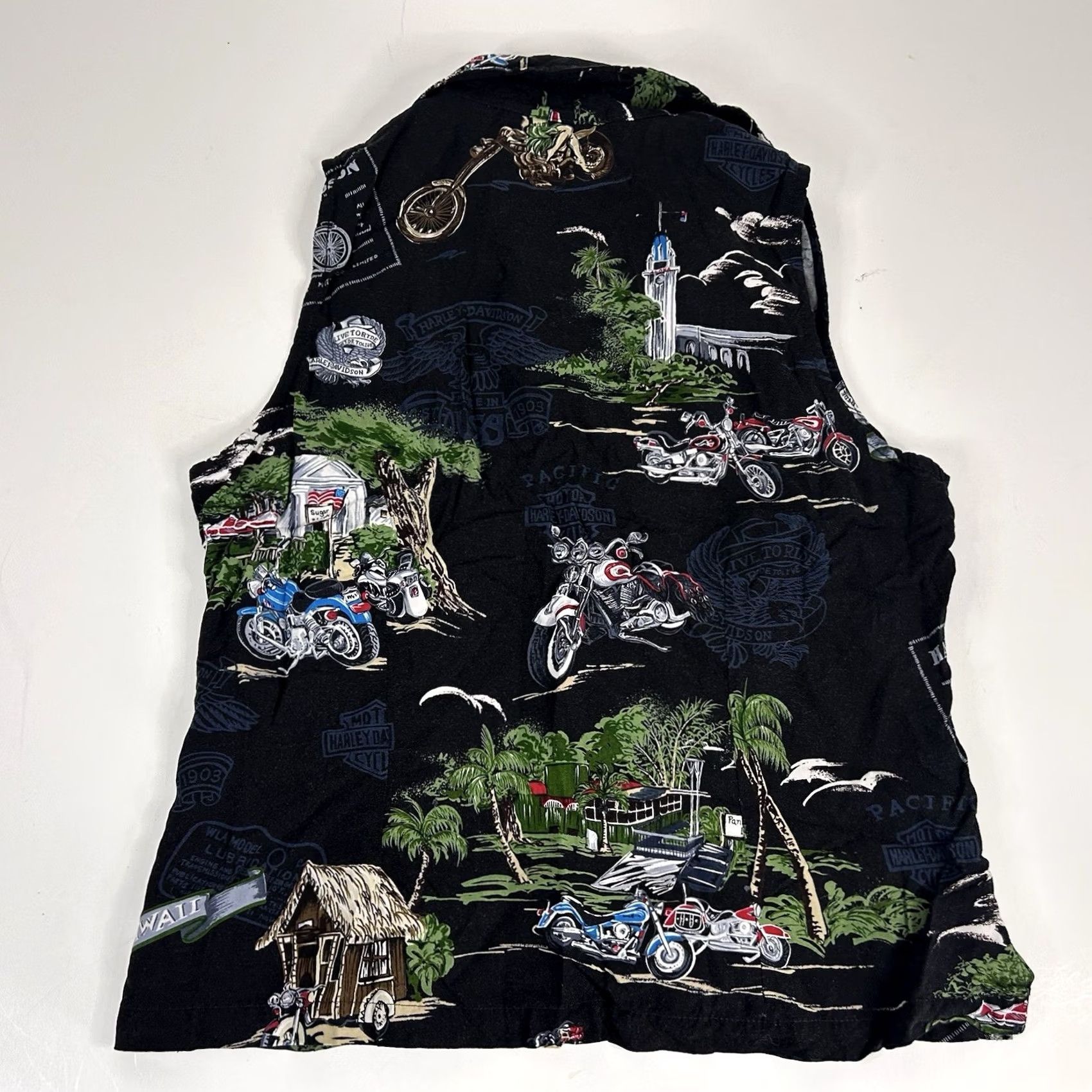 Harley Davidson Harley-Davidson x Tori Richard Large Sleeveless Top Hawaiian Tiki Hut Motorcycle Shirt Women Casual Black 90s 00s? Size L / US 10 / IT 46 - 5 Thumbnail