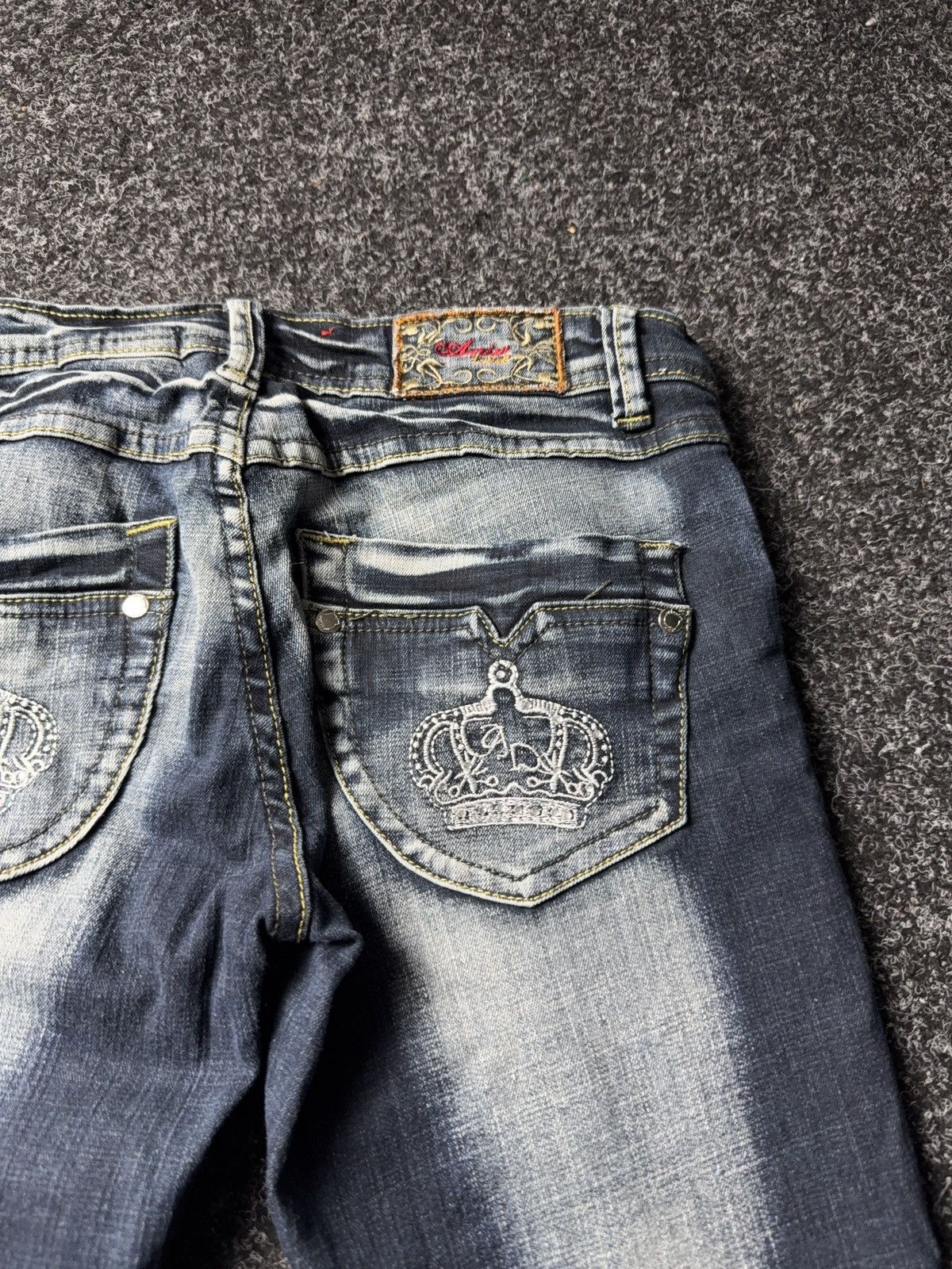 Japanese Brand Retro 00s Amadee Crown Embroidery Flare Jeans Y2K Vintage Size 29" - 15 Thumbnail
