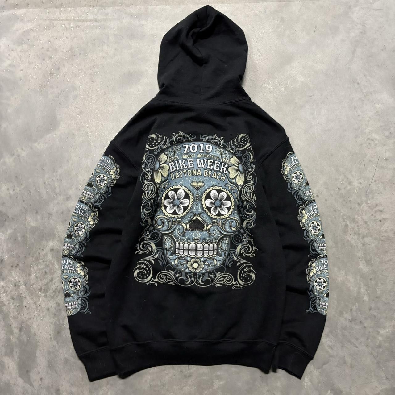 Japanese Brand × Vintage Crazy Vintage Y2K/2000s Grunge Bike Week Day Of The Dead Biker Graphic Zip Up Hoodie! Size US S / EU 44-46 / 1 - 2 Thumbnail