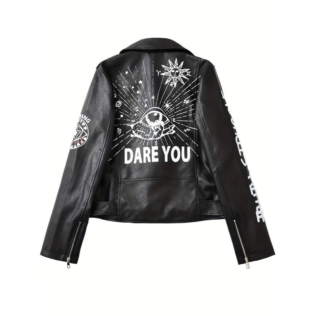 Other Black Punk Rock Graphic Studded Belted Vegan Leather Jacket Size M / US 6-8 / IT 42-44 - 10 Thumbnail