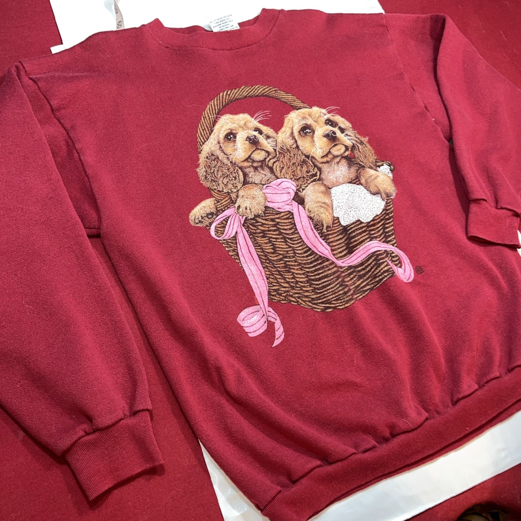 Asket Cotton Grove Sweatshirt L Red 90s Cocker Spaniel Grandma Dog Puppies In A Basket Round Crewneck Womens Large Size L / US 10 / IT 46 - 7 Thumbnail