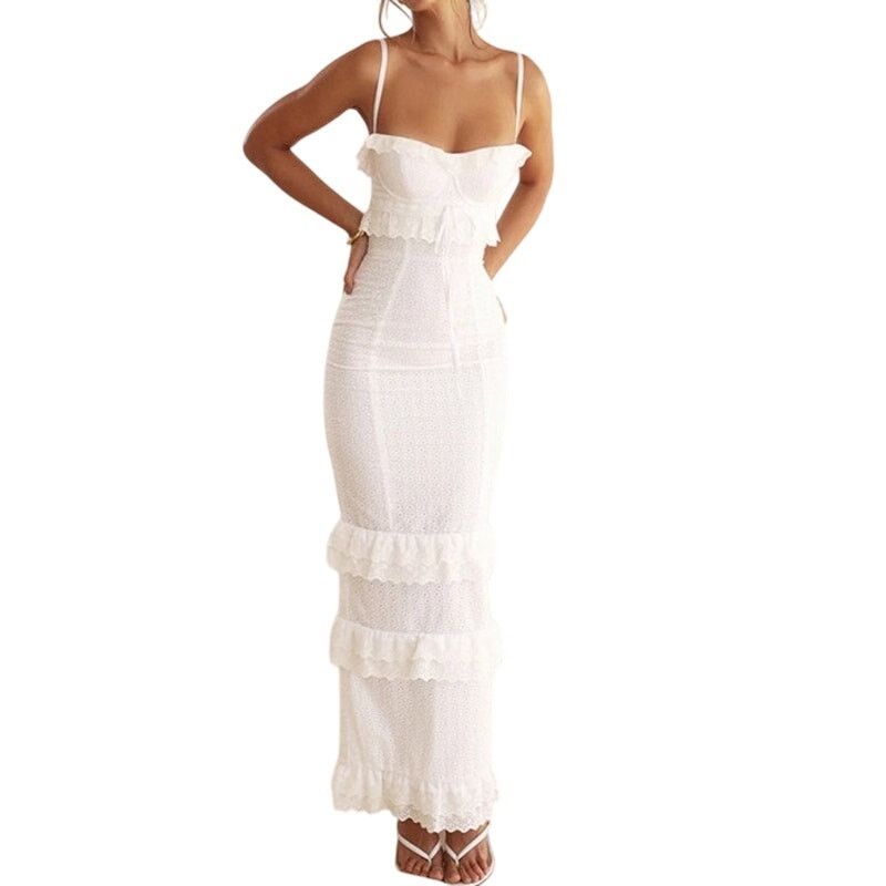 Other Commense White Cup Detail Layered Ruffle Eyelet Long Dress Size M / US 6-8 / IT 42-44 - 6 Thumbnail