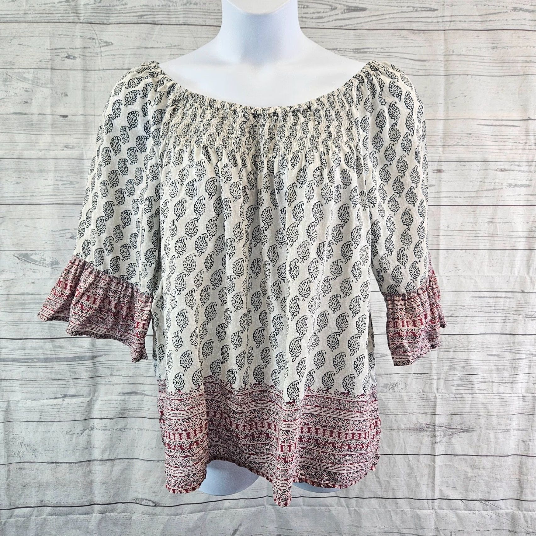 Vintage VINTAGE Beach Lunch Lounge Womens Blouse Off The Shoulder 3/4 Sleeve Size 1X Gray Red Viscose Womens Size XL / US 12-14 / IT 48-50 - 2 Thumbnail
