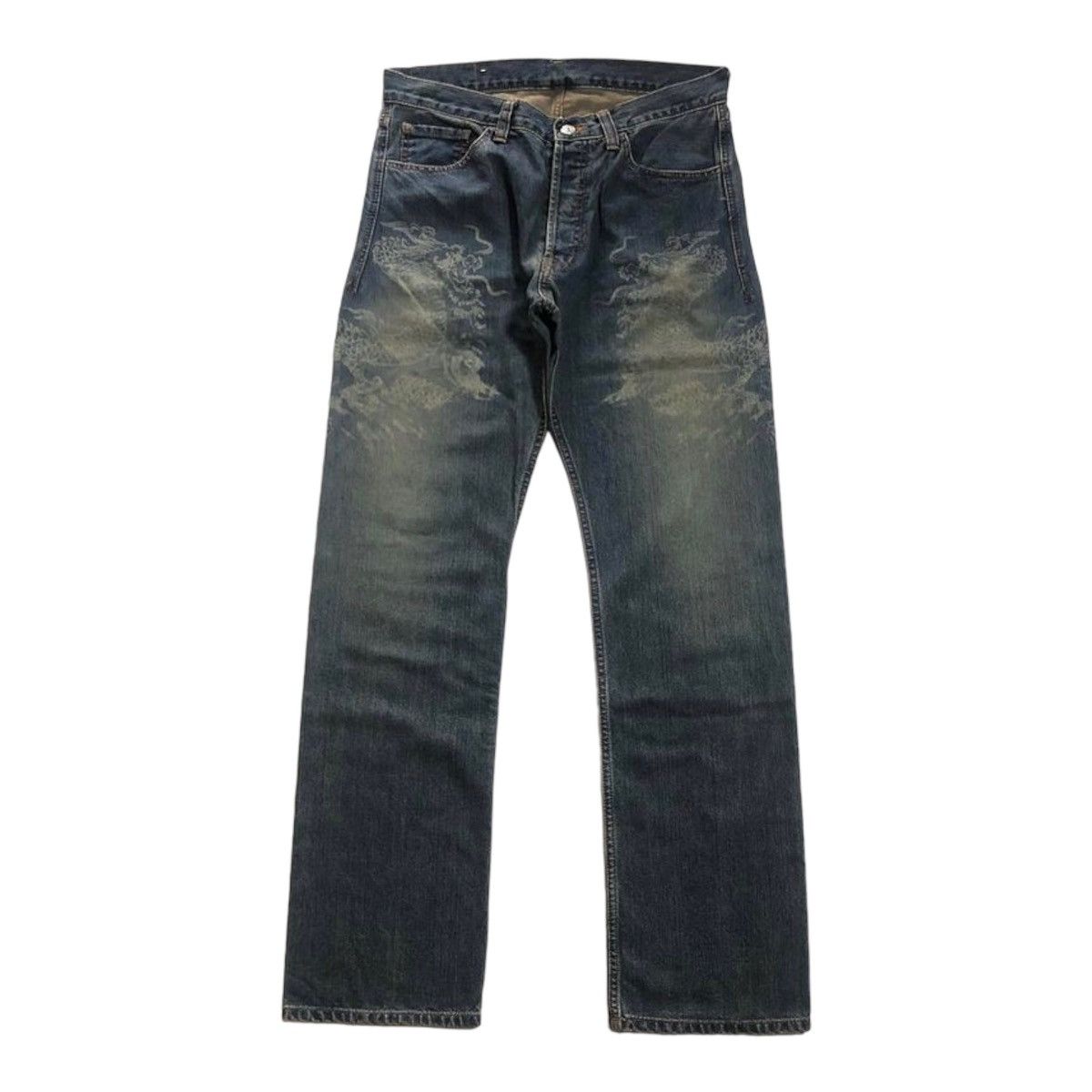 image of Beauty Beast Twin Dragon Jacquard Denim Pants in Vintage Washed Denim (Size 32)