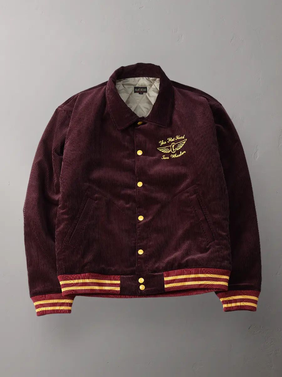 image of The Flat Head Corduroy Varsity Jacket in Burgundy, Men's (Size 2XL)