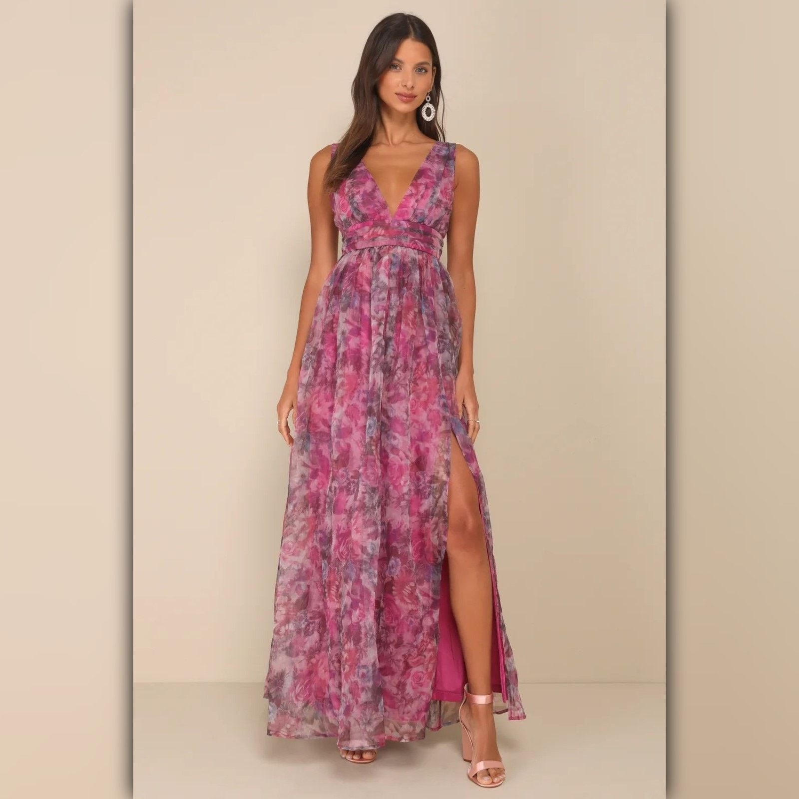 Other • A065 • (L) NWT Lulus Magenta Floral Organza Maxi Dress Size L / US 10 / IT 46 - 2 Thumbnail