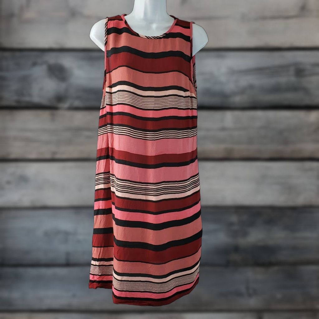 Loft VINTAGE LOFT Ann Taylor Dress Womens A-Line Sleeveless Striped Pink Red Rayon L Size L / US 10 / IT 46 - 1 Thumbnail