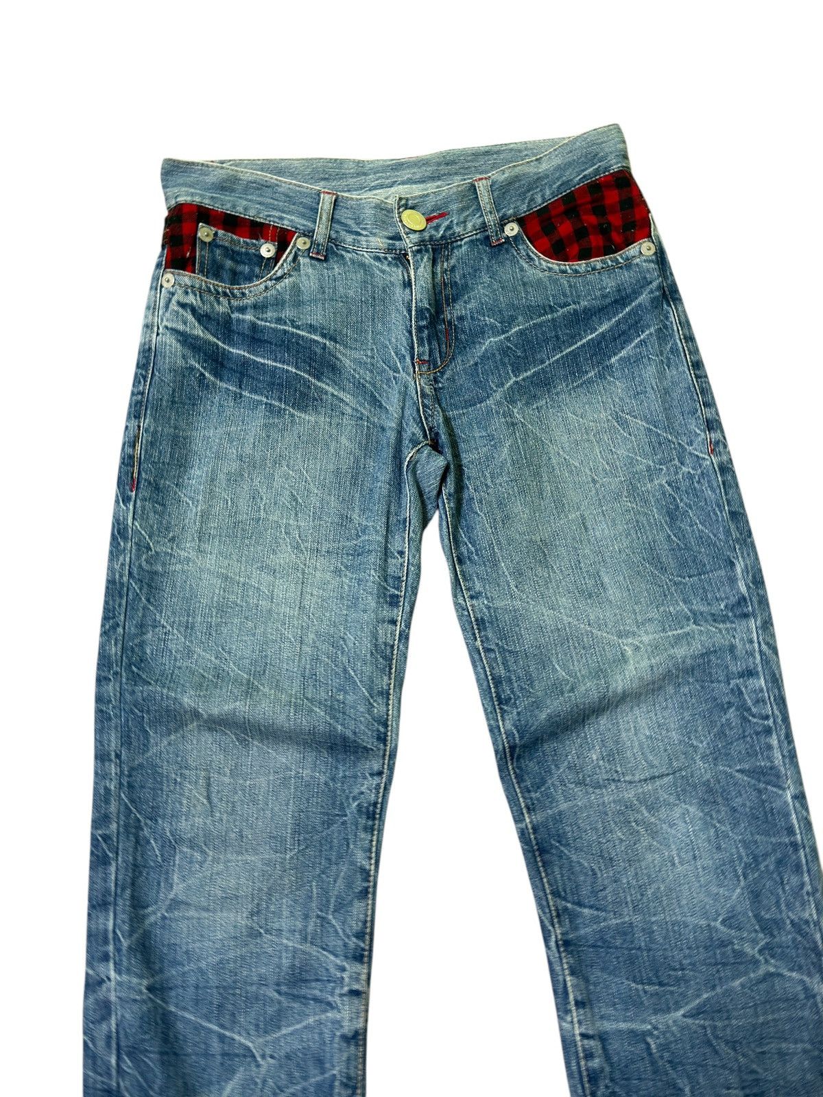 Japanese Brand Distressed Plaid Tartans Junya Watanabe Denim Jeans Size US 31 - 4 Thumbnail