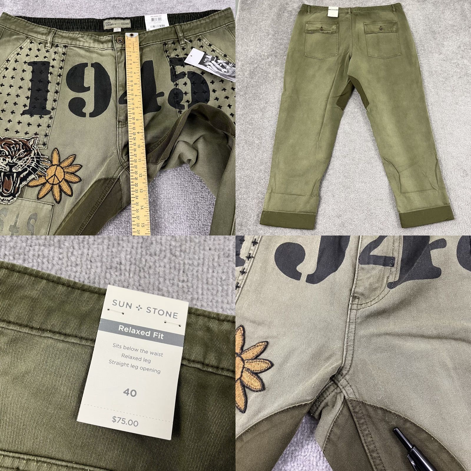 Olive VINTAGE Sun & Stone Men's Chino Pants 40x30 Olive Green Army Casual Outdoor Geometric Pattern Size US 40 / EU 56 - 8 Thumbnail
