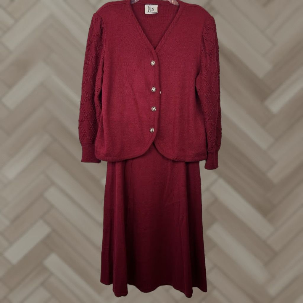 Vintage Vintage Mita Sweater Skirt Set Womens 14 Red Knit Suit 2 pc Stretchy Office Size XL / US 12-14 / IT 48-50 - 1 Thumbnail