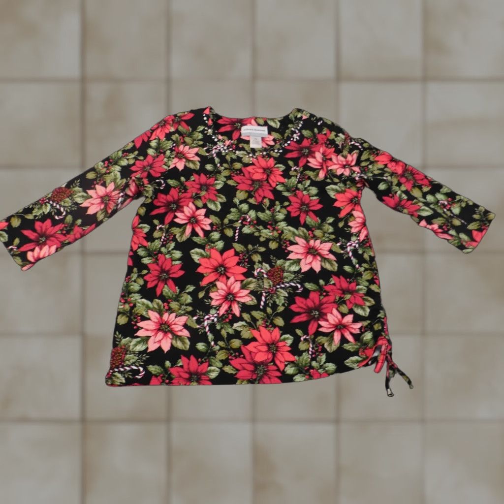 Vintage Alfred Dunner Blouse Shirt Petite PS Women Red Floral Cotton Spandex Stretch Round Neck Long Sleeve Pullover Casual Weekend Flower Size S / US 4 / IT 40 - 1 Thumbnail