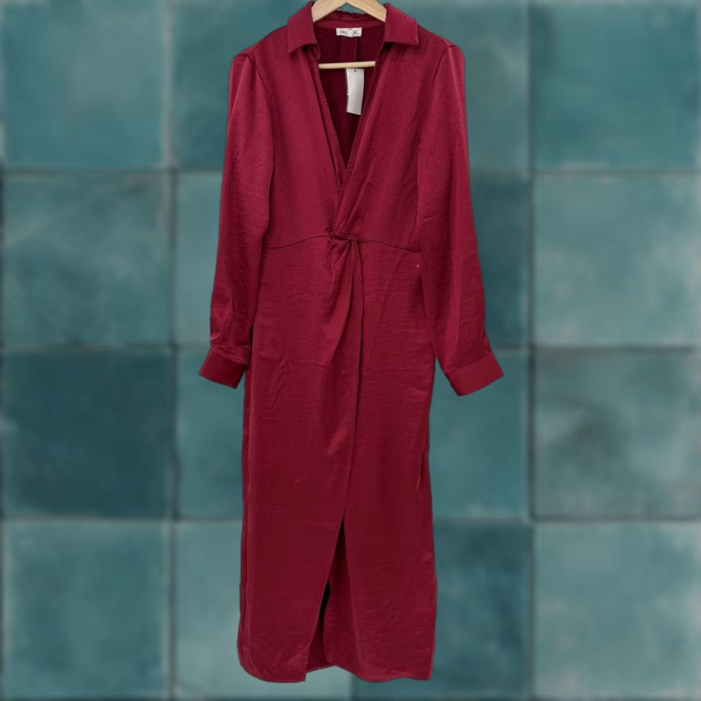 Vintage Mila Mae Dress Shirt Dress Wine Red Long Sleeve Maxi Knot Front Sz M Adults Womens Size M / US 6-8 / IT 42-44 - 1 Thumbnail