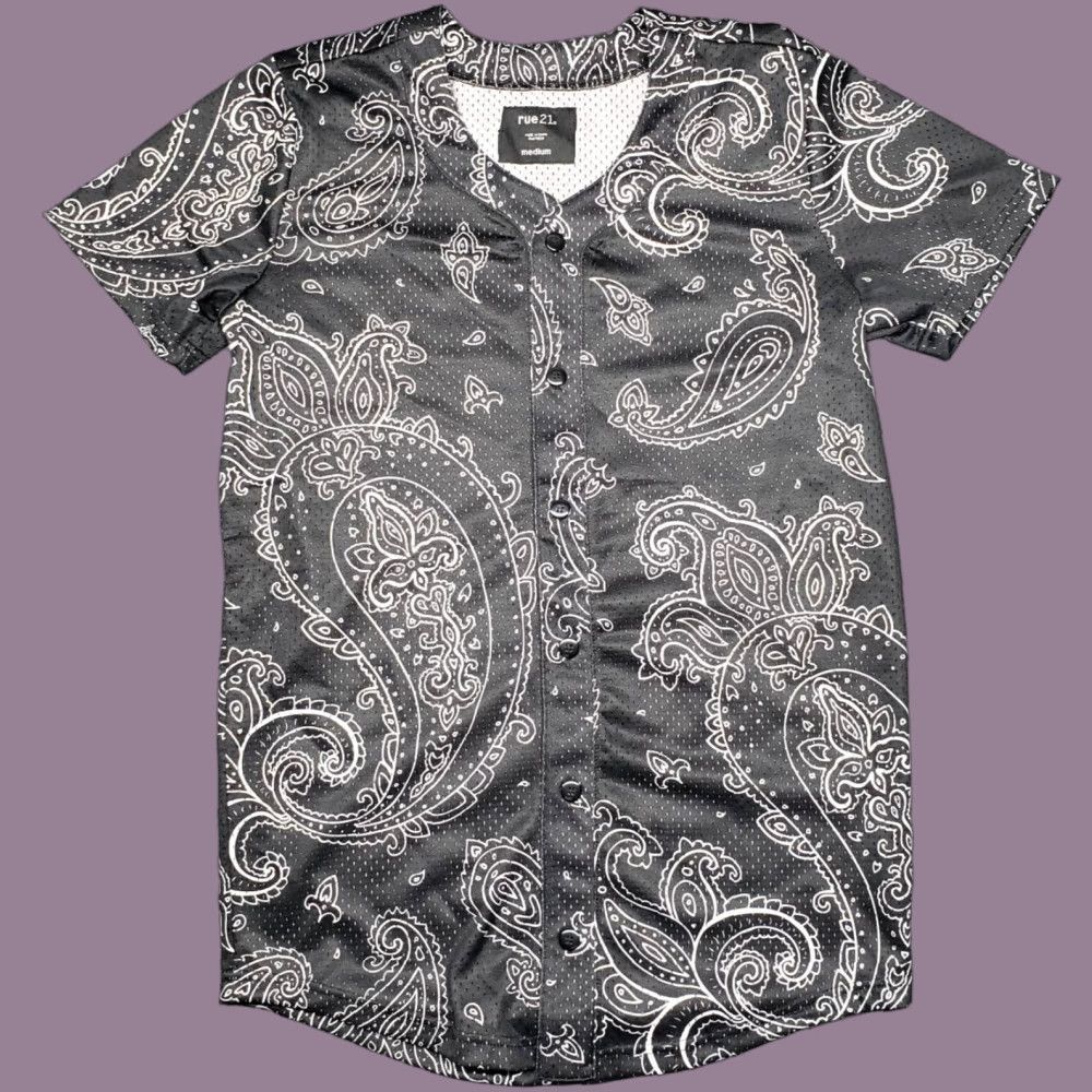 Vintage Rue21 Jersey Shirt Mens M Black Paisley Short Sleeve Button Up Collarless New Size US M / EU 48-50 / 2 - 1 Thumbnail