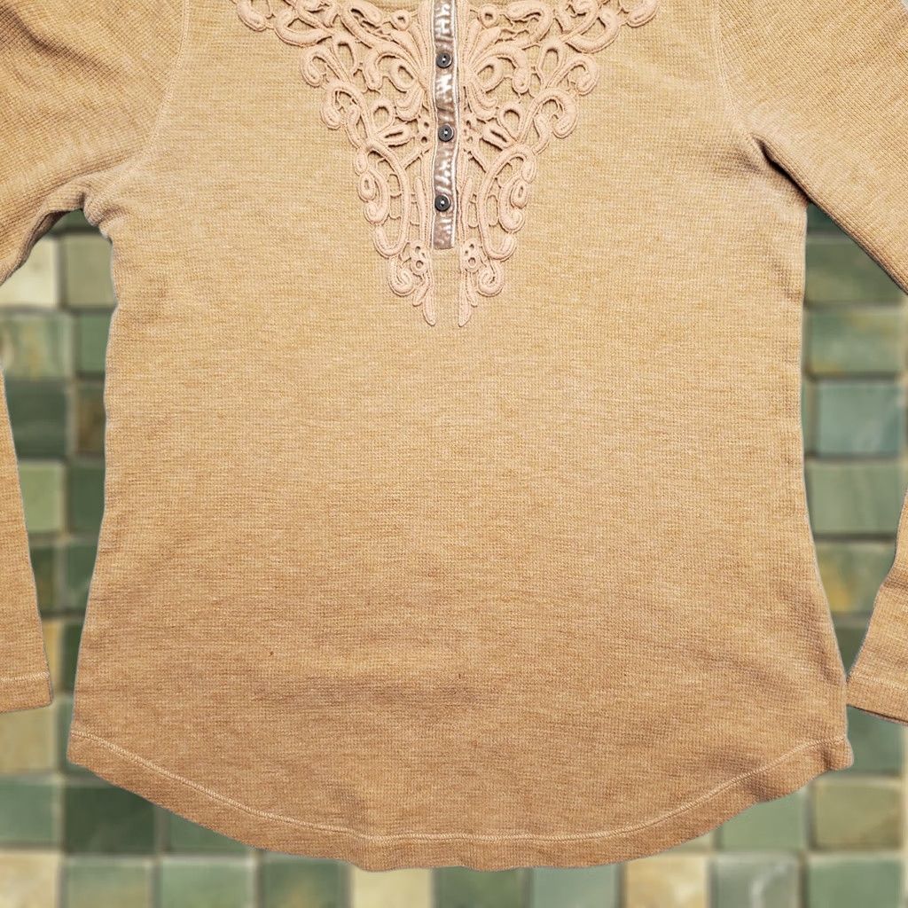 Vintage Christopher Banks Shirt Women Small Brown Henley Lace Top Casual Thermal Size S / US 4 / IT 40 - 1 Thumbnail