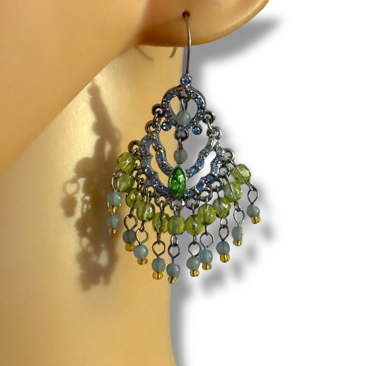 Other Silver tone green beads and rhinestones chandelier earrings Size ONE SIZE - 2 Thumbnail
