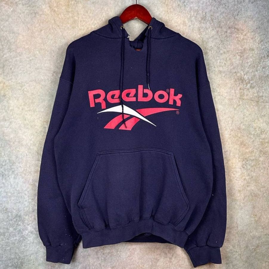 Reebok × Vintage Vintage 90s Reebok Logo Hoodie L USA Made Navy Blue Pullover Size US L / EU 52-54 / 3 - 1 Thumbnail
