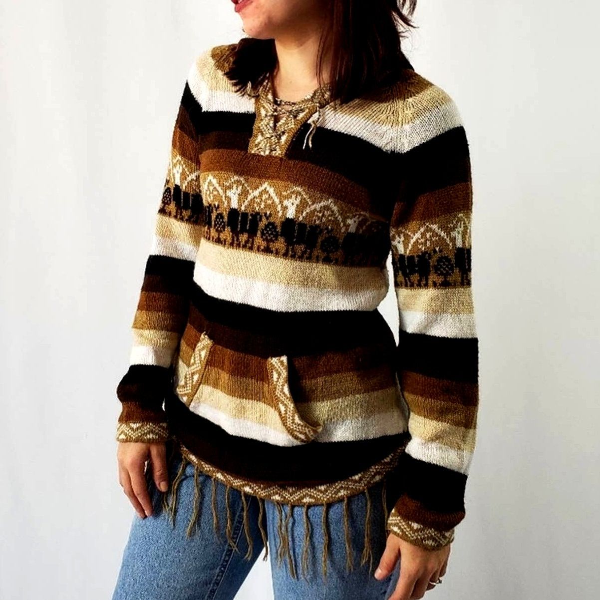 Vintage Vintage 70's Striped Alpaca Fringe Sweater - M Size M / US 6-8 / IT 42-44 - 1 Thumbnail