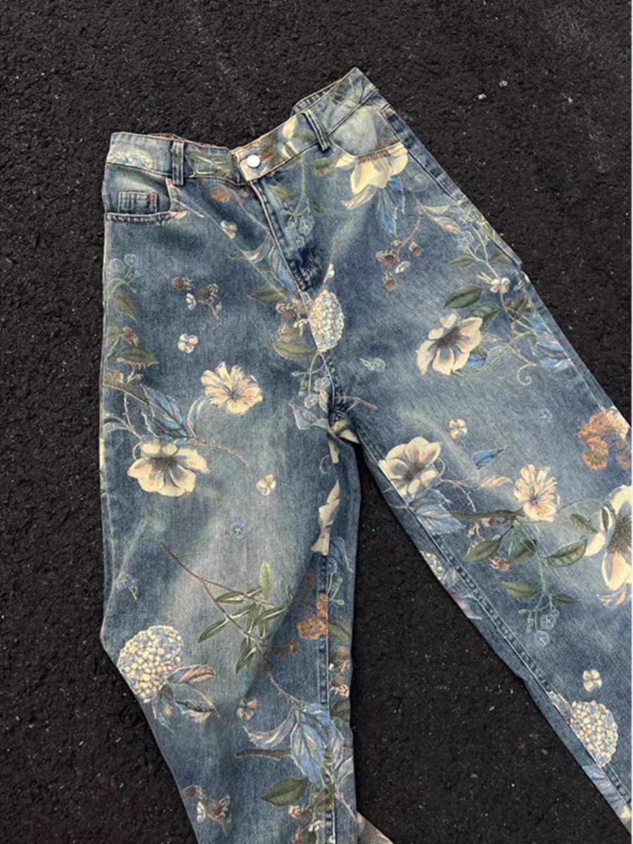 Jean Washed Blue Relaxed Fit Floral Denim Jeans Size US 32 / EU 48 - 3 Thumbnail