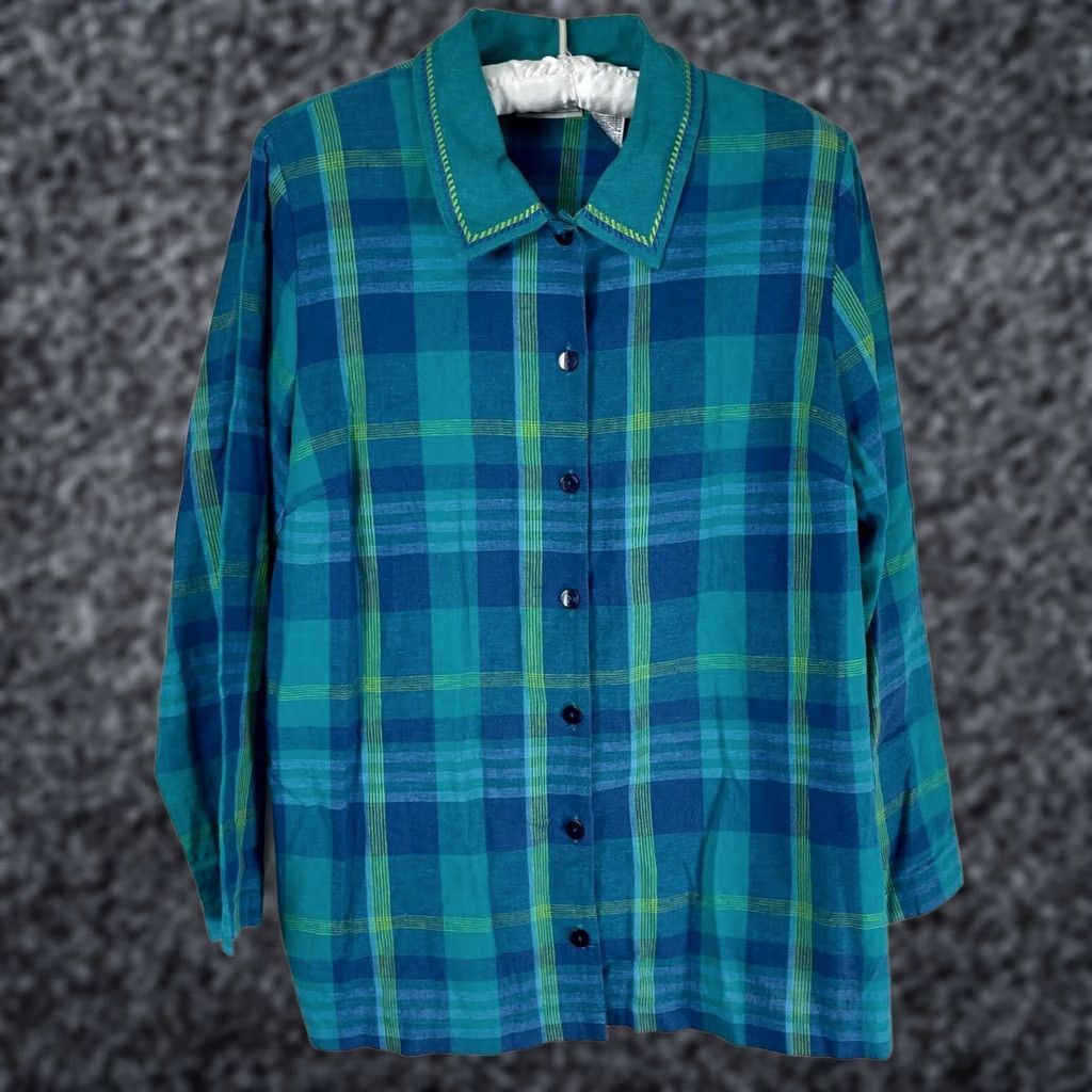 Vintage Studio Ease Shirt Womens 14W Blue Green Plaid Button Down Linen Cotton Blouse Size XL / US 12-14 / IT 48-50 - 1 Thumbnail