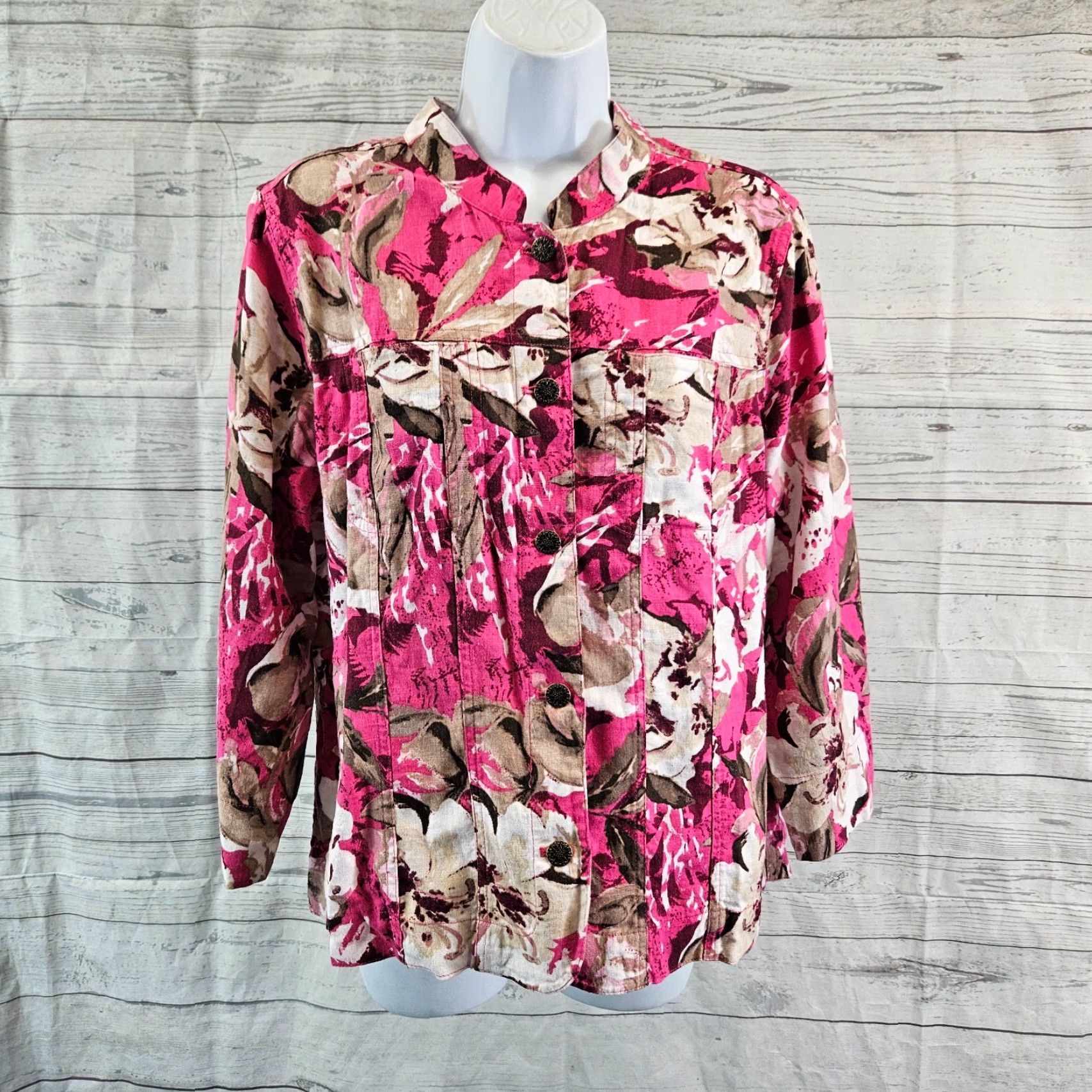 Vintage Christopher Banks Womens Jacket Sz Large Pink Tan Floral Linen Blend 3/4 Sleeve Size L / US 10 / IT 46 - 2 Thumbnail