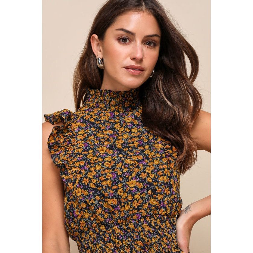 Other Lulus Evalina Mustard Floral Print Mock Neck Midi Dress Size S / US 4 / IT 40 - 5 Thumbnail