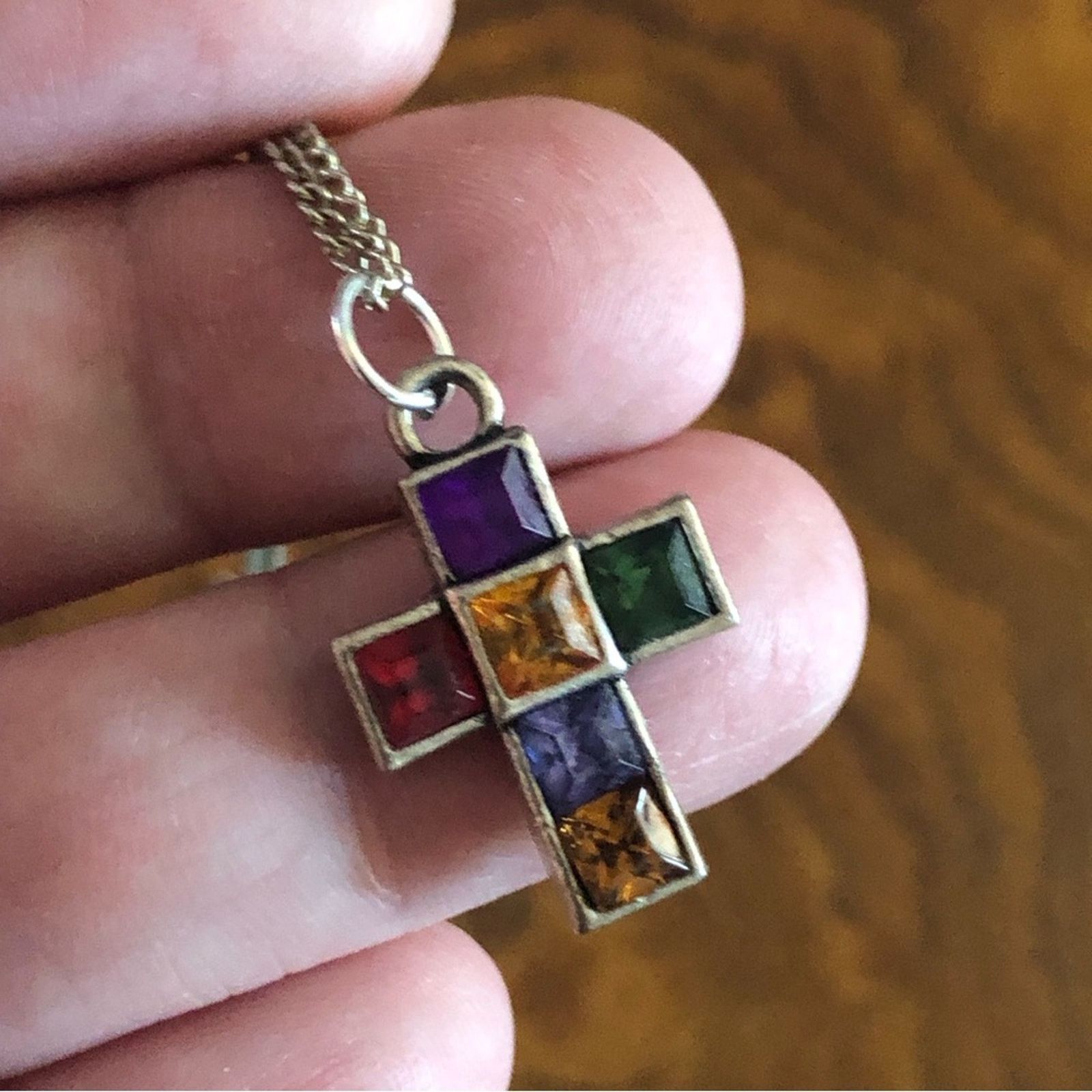 Vintage Vintage multi tone square shape gem cross on chain necklace Size ONE SIZE - 10 Thumbnail