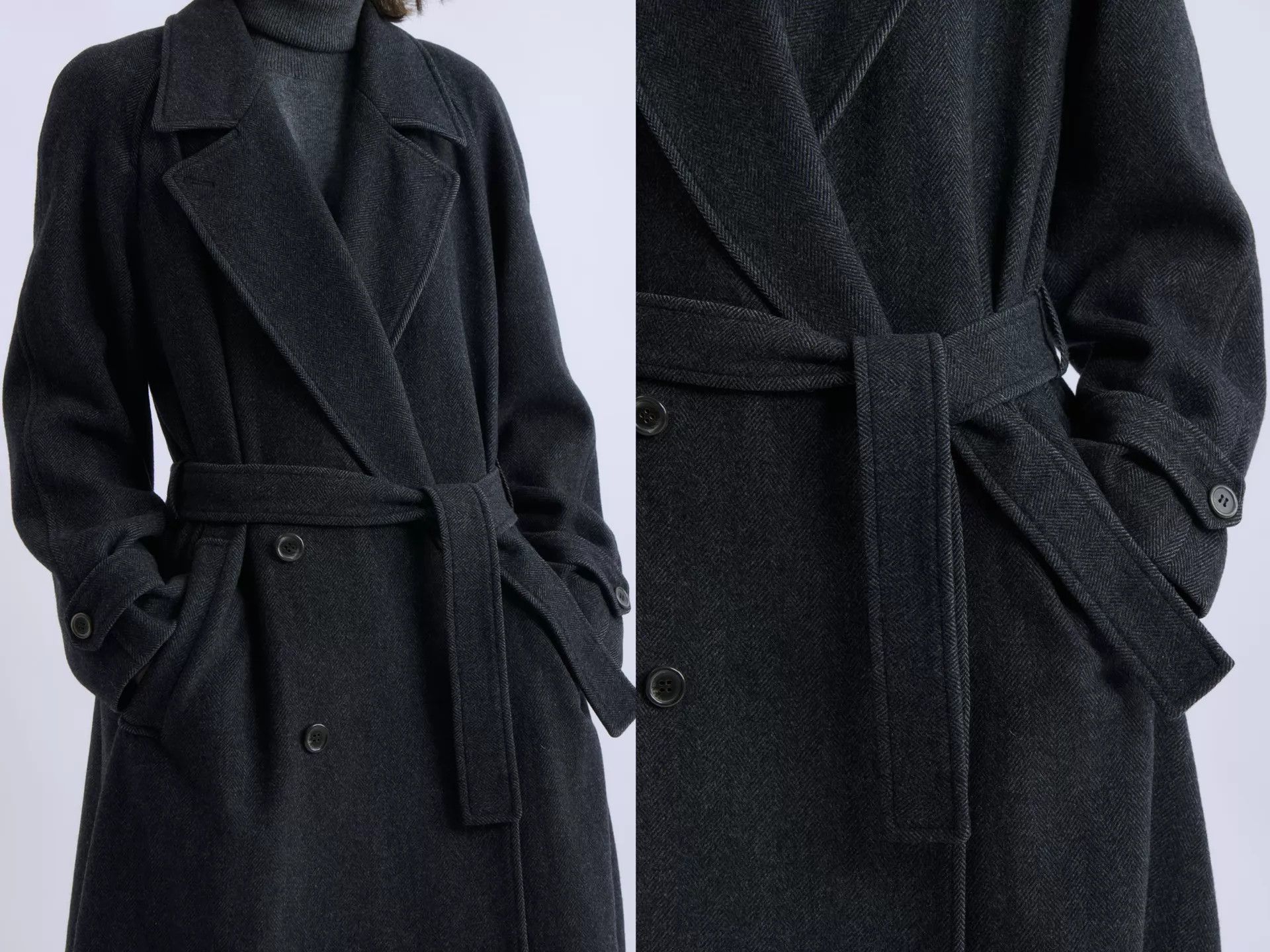 Kenzo KENZO 80s Deep Gray Herringbone Wool DB Belted Overcoat S Size S / US 4 / IT 40 - 7 Thumbnail