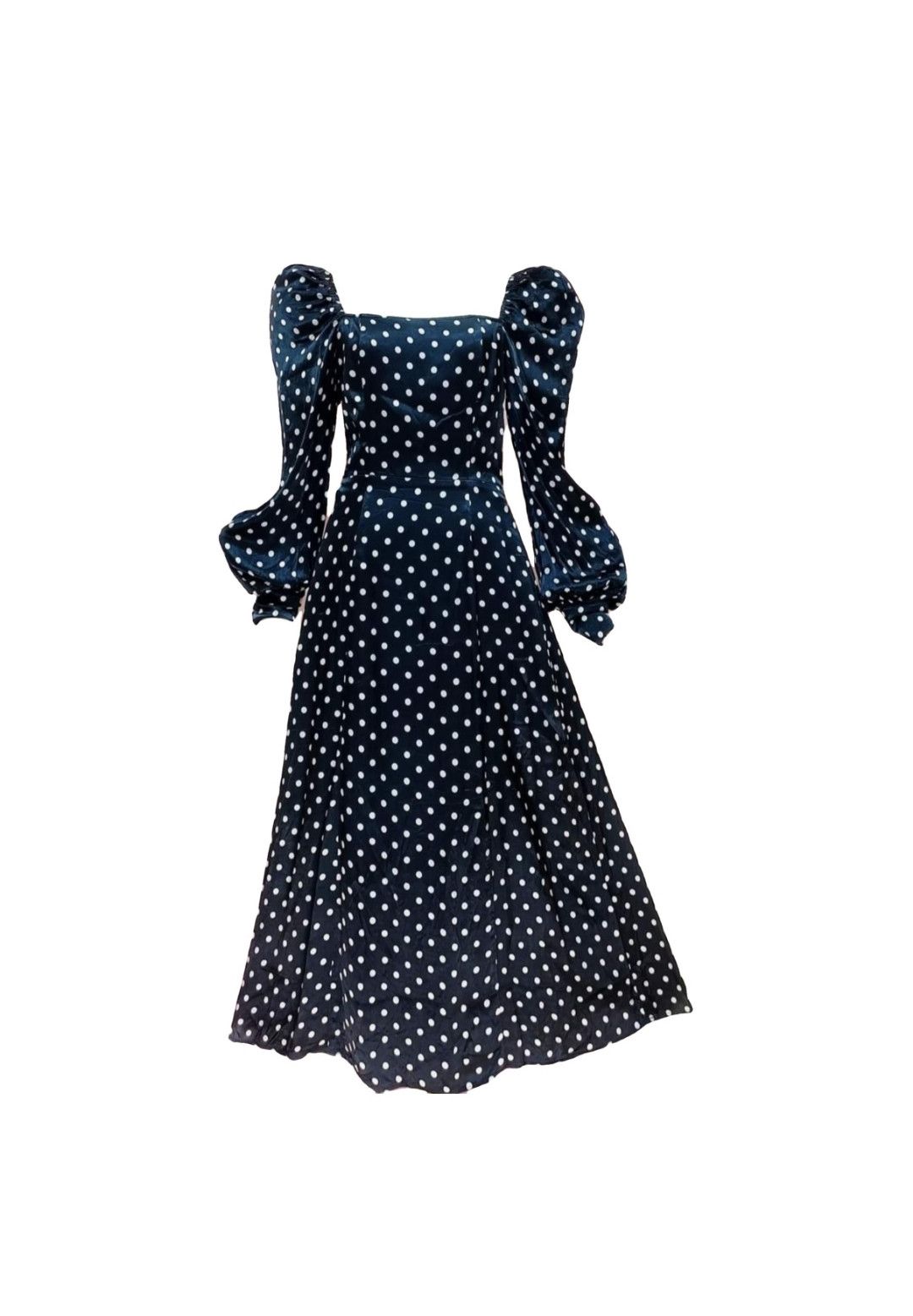 image of Ghost London Satin Puff Sleeve Polka Mid-Length Dress in Black/White Polka Dot, Women's (Size XS)