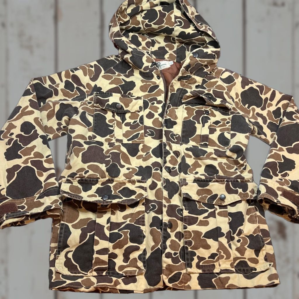 Vintage VINTAGE Black Sheep Jacket CAMOUFLAGE Hunting Brown Tan Camo Cargo Pockets Nylon Lining Hooded Snap Zip Mid-Length 1683 Mens S Size US S / EU 44-46 / 1 - 1 Thumbnail