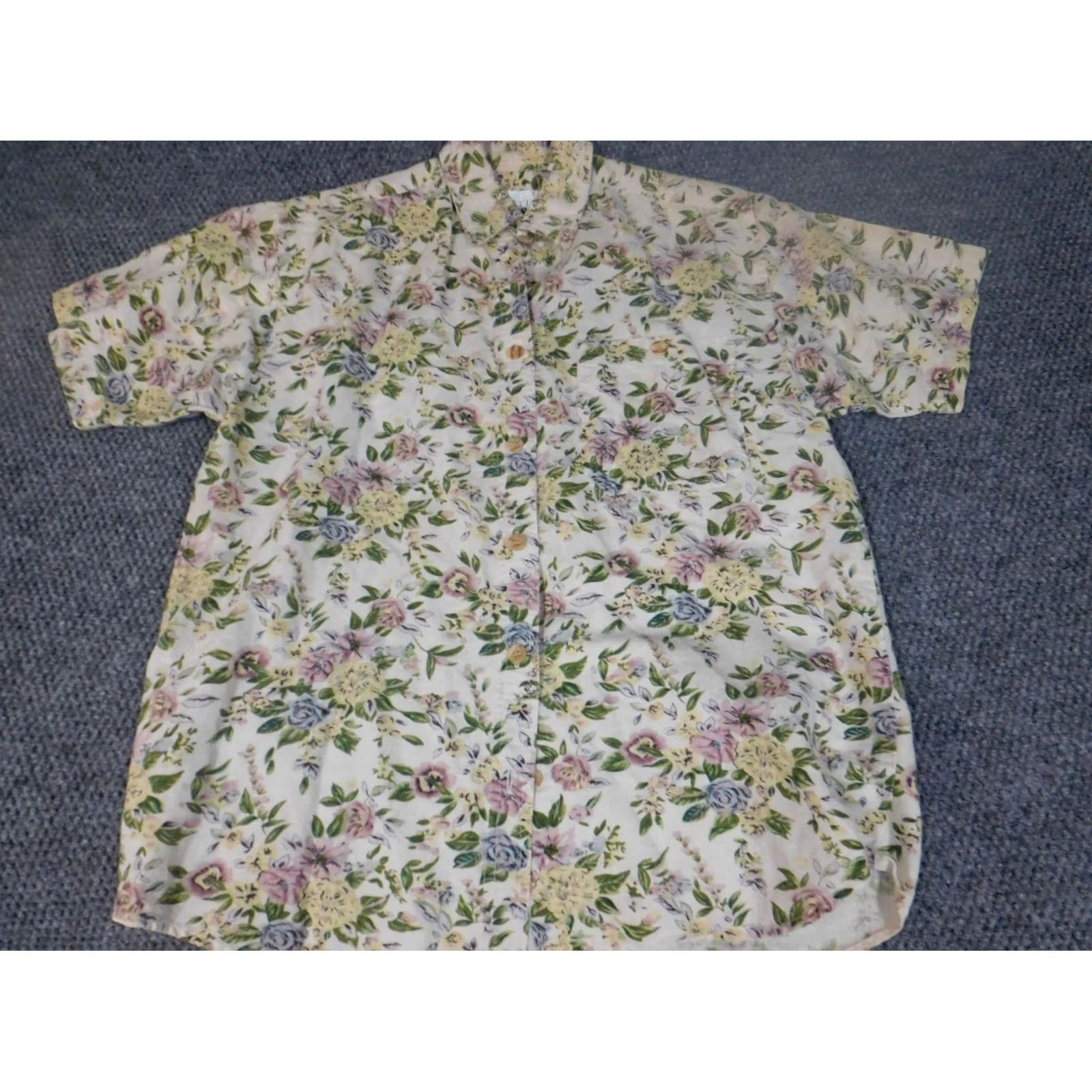 Vintage Carolina Colours Womens Blouse S Yellow Floral Short Sleeve Button Crew Neck Cotton Linen Casual Size S / US 4 / IT 40 - 3 Thumbnail