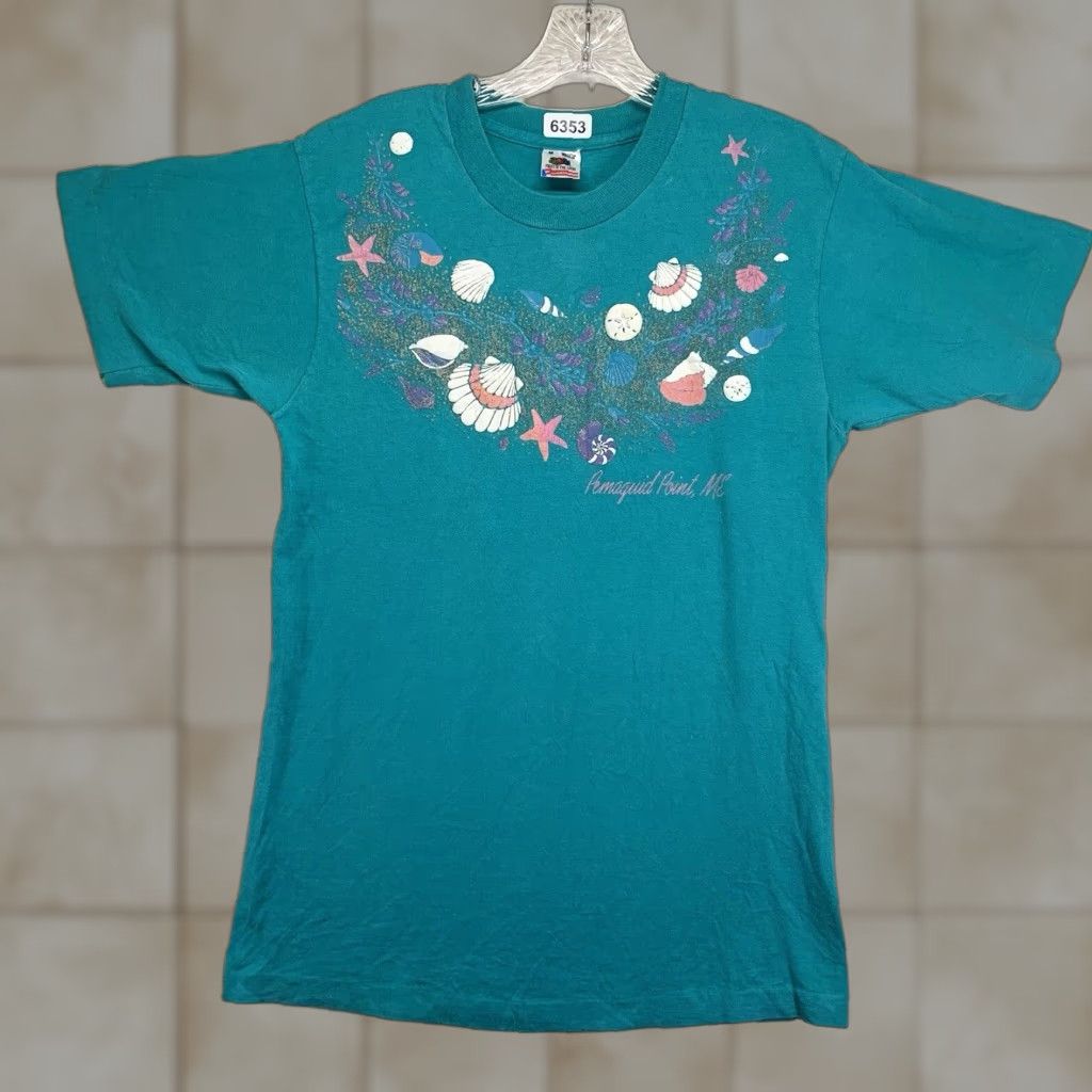 Fruit Of The Loom VINTAGE Fruit of the Loom T-Shirt Unisex Adults Medium Blue Beach 80s 90s Seal Shell Glitter Artwork Size US M / EU 48-50 / 2 - 1 Thumbnail