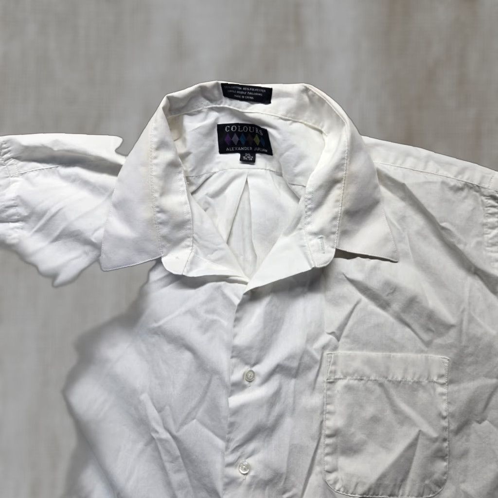 Alexander Julian Alexander Julian Colours Solid White Button Up Shirt Men 2XL 18 18.5 34/35 Shirt Mens 2XL White Cotton Blend Dress Shirt Vintage No Size 48R - 1 Thumbnail