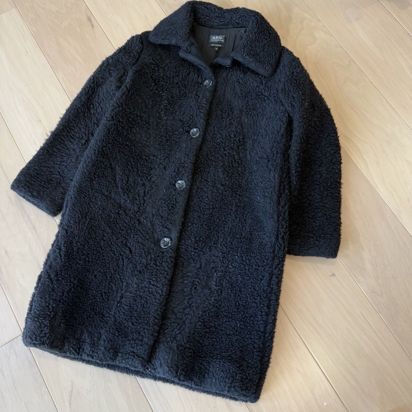 A.P.C. APC Shearling Jacket 34 Black Wool Cotton Long Tench Sherpa Size US M / EU 48-50 / 2 - 10 Thumbnail