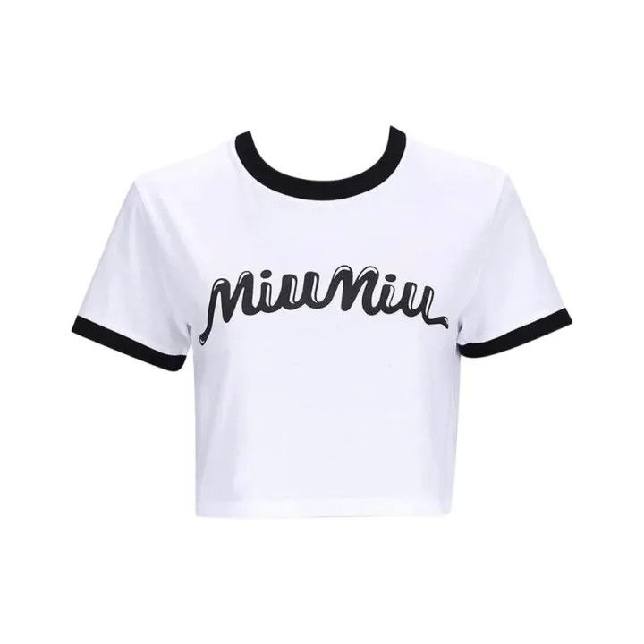 Miu Miu Miu Miu Color-Blocked Logo Print Cropped T-Shirt 0079 Size S / US 4 / IT 40 - 1 Thumbnail