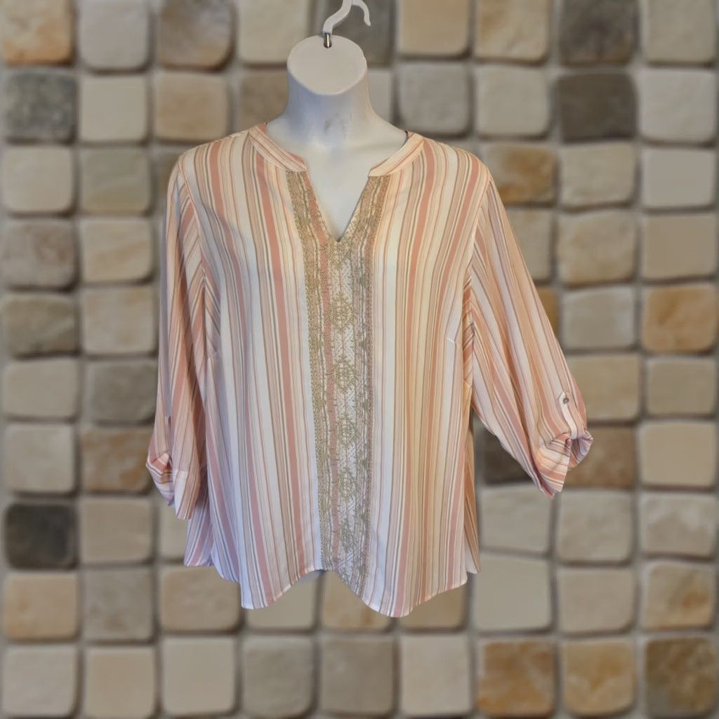 Vintage Ruby Rd Woman Pink White Stripe Embroidered Top Shirt Boho 2X Size XXL / US 16-18 / IT 52-54 - 1 Thumbnail