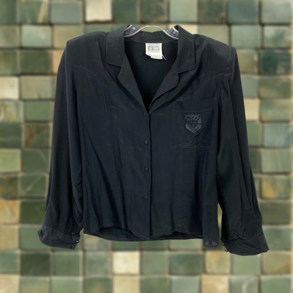 Anne Klein VINTAGE Anne Klein Shirt 10 Black 100% Silk Long Sleeve Dress 1980s Secretary/Geek Mens Womens Size L / US 10 / IT 46 - 1 Thumbnail