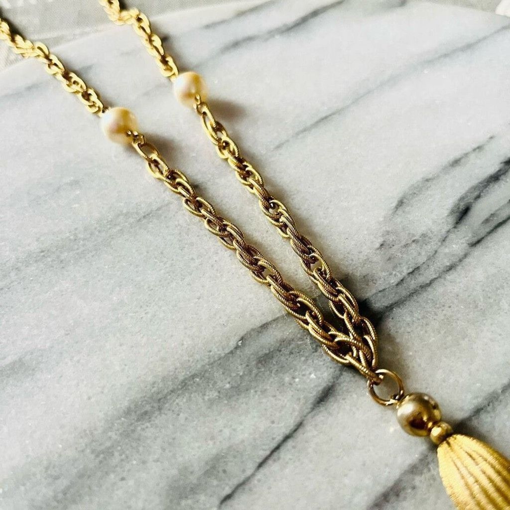 Vintage Vintage Tassel Chain Necklace Faux Pearl Beads Gold Size ONE SIZE - 7 Thumbnail