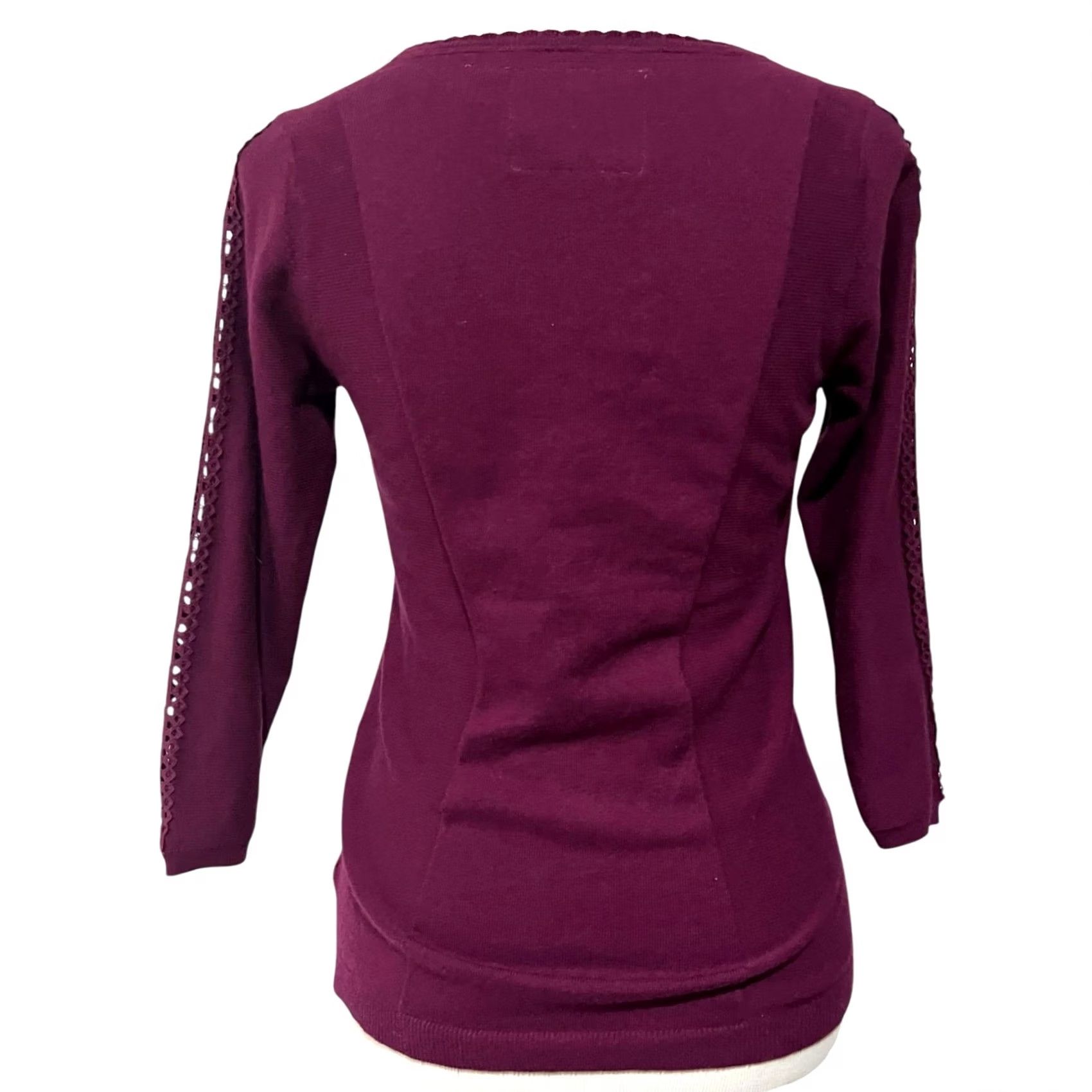Anthropologie ANGEL OF THE NORTH Sweater Women’s S Purple Lace Detail 3/4 Sleeve Pullover Cashmere Cotton Nylon Spandex Anthro polo (adjusted for clarity) Size S / US 4 / IT 40 - 4 Thumbnail