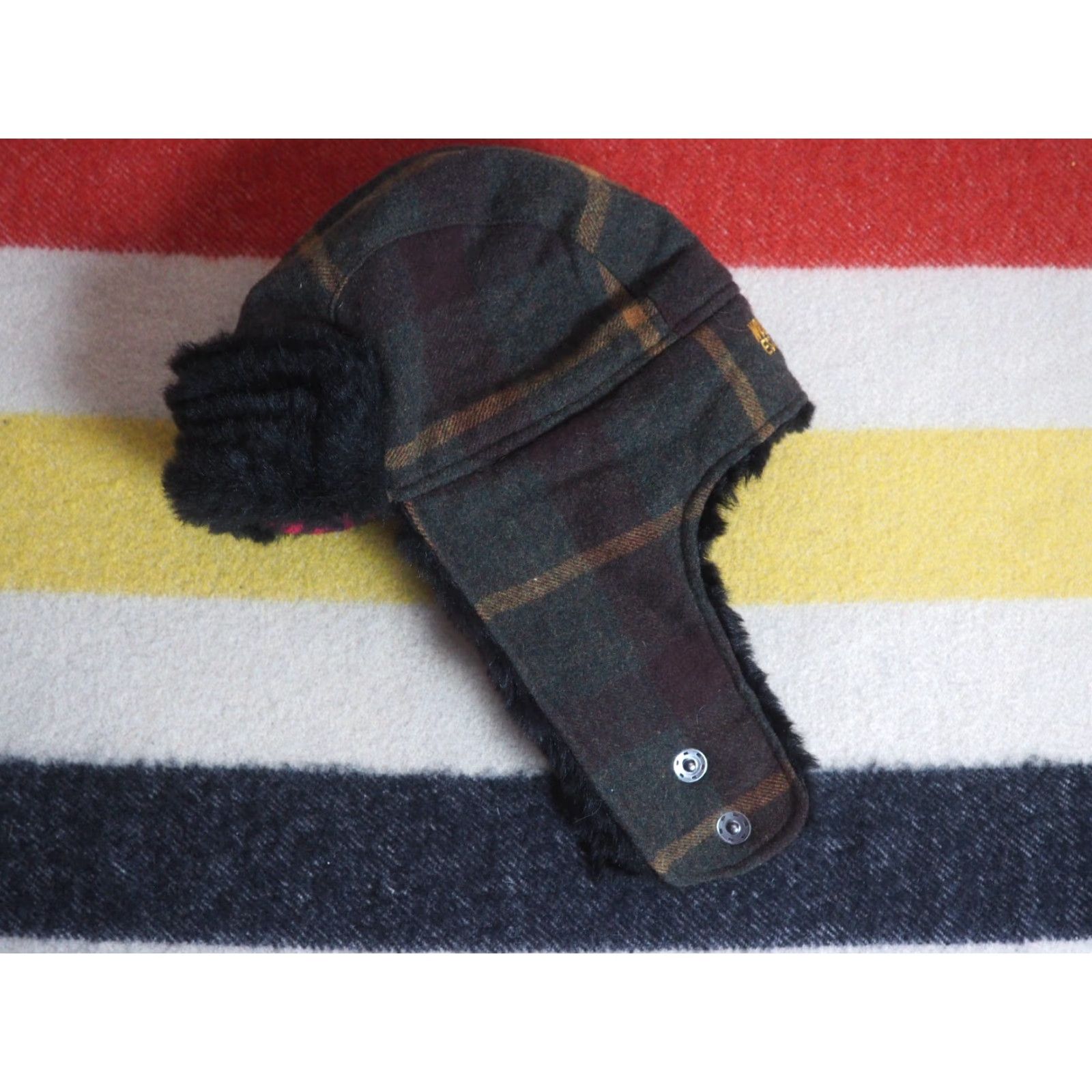 Vintage Woolrich Wool Blend Hat M Trapper Hat Plaid Wool Green Black Sherpa Shearling Lined Winter Men Adults Size ONE SIZE - 2 Thumbnail