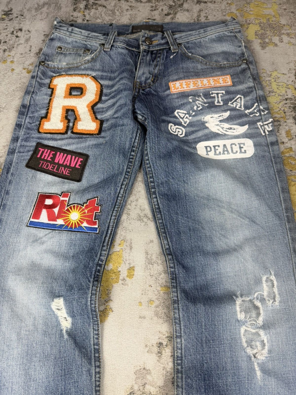Tornado Mart 90s Flared Riot Poem Distressed Patches Pants Size US 31 - 3 Thumbnail