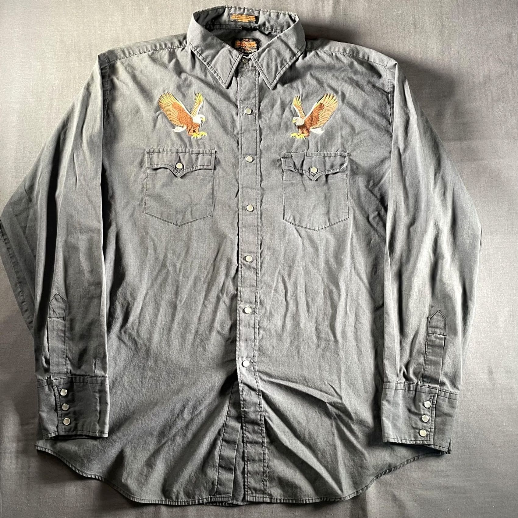 Vintage Stir-Ups Shirt Mens XL Gray Bald Eagle Embroidered Western Snap Long Sleeve Size US XL / EU 56 / 4 - 4 Thumbnail