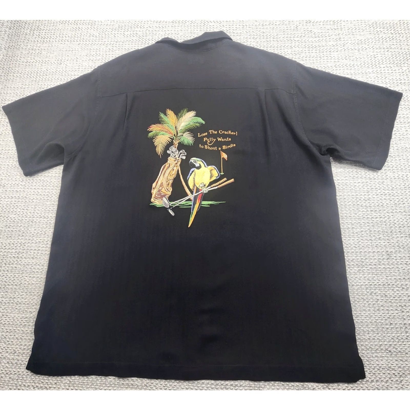 Vintage VINTAGE Luau Shirt Mens XL Black 100% Silk Aloha Camp Embroidered Back Parrot Golf Palm Shirt Size US XL / EU 56 / 4 - 2 Thumbnail